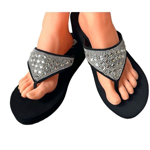 Yellow Box Flip Flops Black Sequined Thong Leather Sandals Women's 11 Birder New - Picture 1 of 11